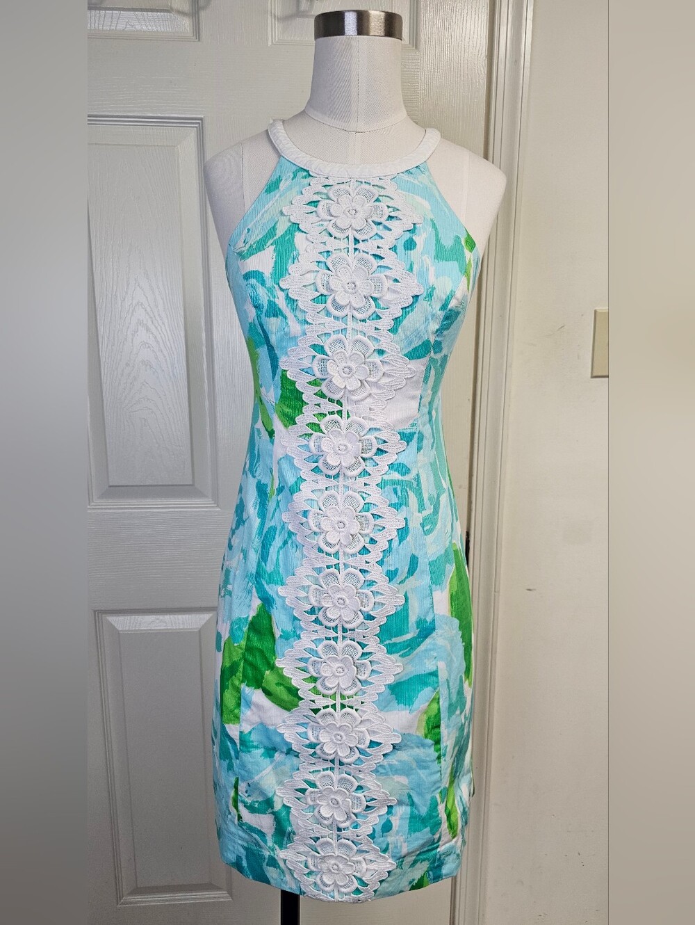 LILLY PULITZER Pearl Shift Dress Size 0 Poolside Blue Floral Lace Appliqué Women